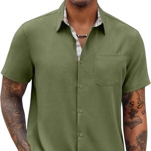 Men's Army Green Button Up Short Sleeved Shirt 2XL